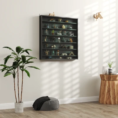 HOMCOM Wandvitrinenschrank mit 6 verstellbaren Regalen aus Holz mit Glastüren, 80x9.5x83 cm, Schwarz
