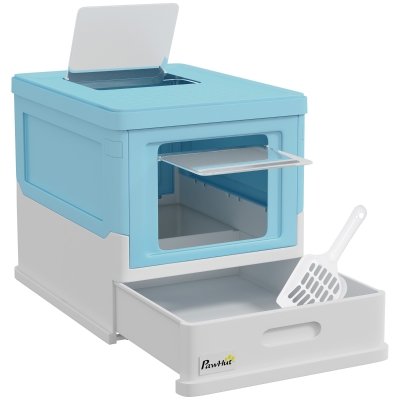 PawHut Lettiera per Gatti Chiusa con Paletta, Vassoio Estraibile e 2 Porte, 47.5×35.5×36.7cm, Azzurro
