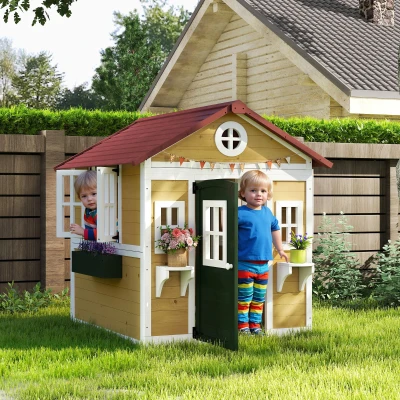Outsunny Casita de Madera Infantil con Puerta Ventanas Jardineras y Repisas con Detalles de Color 114x126,4x135 cm Natural