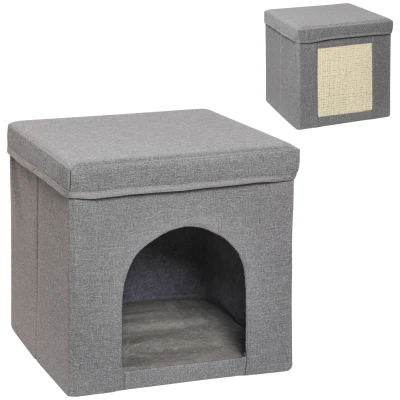 PawHut Casetta per Gatti Pieghevole a Cubo con Cuscino e Tappetino Tiragraffi, 36.5×36.5×36.5 cm, Grigio