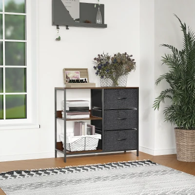 HOMCOM 3 Drawer Chest of Drawers, Dresser with 3 Fabric Drawers and 2 Display Shelves, Bedroom Storage Organizer, Black