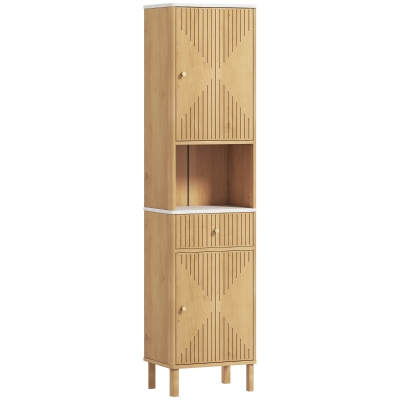 HOMCOM Columna de Baño con Cajón, 2 Armarios y Estantes Ajustables, Estante Efecto Mármol, 41.5x30x168 cm, Roble