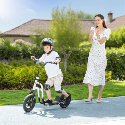 HOMCOM Monopatín para Niños 5-12 Años con Freno, Caballete y Manillar Ajustable, 129x52x80-88 cm, Blanco y Negro