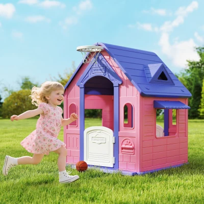 AIYAPLAY Casita Infantil Exterior e Interior 3 en 1 con Lanzamiento de Aros Baloncesto para Niños de 2-5 Años Rosa y Morado