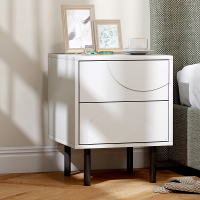 HOMCOM Table de Chevet Blanche 2 Tiroirs Pieds Acier 40x40x50cm