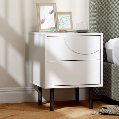 HOMCOM Table de Chevet Blanche 2 Tiroirs Pieds Acier 40x40x50cm
