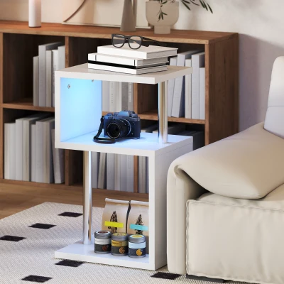 HOMCOM Mesa Auxiliar con Luz LED de 3 Niveles con Estantes y Estructura de Aluminio para Salón Dormitorio 44x38x75 cm Blanco