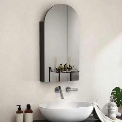 HOMCOM Arched Mirror Cabinet with Glass Shelves Black