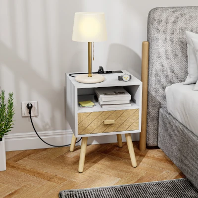 HOMCOM Mesa de Cabeceira com Estação de Carregamento Gaveta 2 Tomadas AC Porta USB e Tipo-C  40x35x54,7 cm Branco