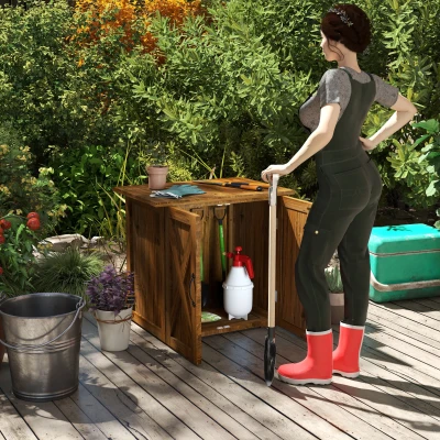 Outsunny Tuinhuisje met dubbele deuren, magneetsluitingen, weerbestendig, natuurlijk hout, 77B x 55D x 72H cm, bruin