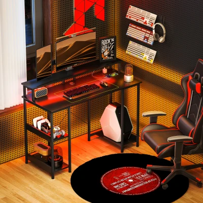 HOMCOM LED Computer Desk with Shelves Carbon Fibre Grey