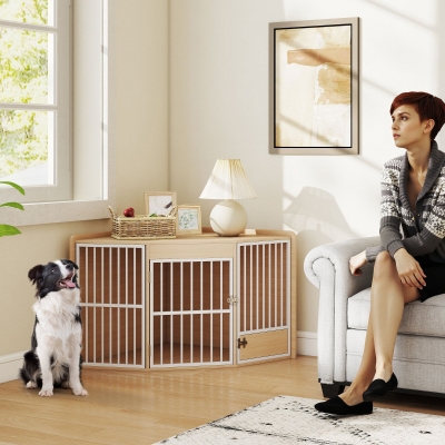 PawHut Cage d'angle pour chien, table d'appoint, avec porte rotative, pour petits et moyens chiens 113 x 80 x 64 cm, chêne