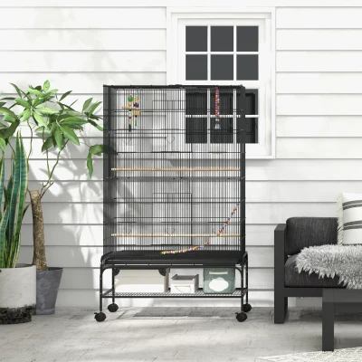 PawHut Gaiola para Pássaros com Rodas Comedouros Poleiros Prateleira Inferior Bandeja Removível 97x58x160 cm Preto
