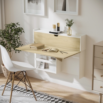 HOMCOM Escritorio plegable de pared con estantes de almacenamiento y armario, escritorio abatible, 100 x 18 x 74 cm efecto madera natural