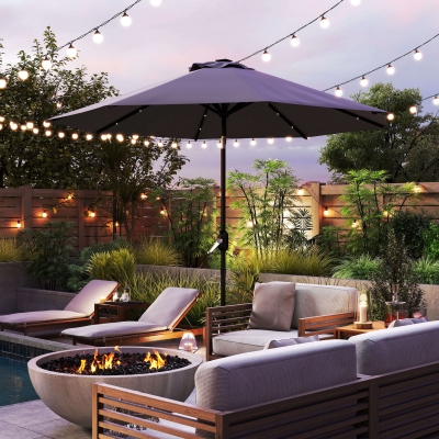 Outsunny 2.7m Patio Umbrella with Tilt Crank & LEDs Grey