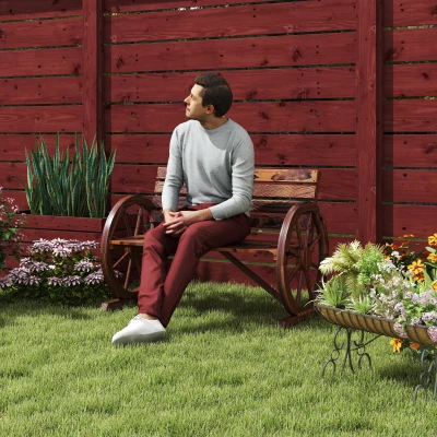 Outsunny tuinbank, ontwerp met wagenwiel, voor 2 personen, natuurlijk hout, donkerbruin, 105,5 x 56 x 79 cm
