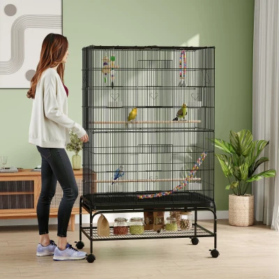 PawHut Gaiola para Pássaros com Rodas Comedouros Poleiros Prateleira Inferior Bandeja Removível 97x58x160 cm Preto