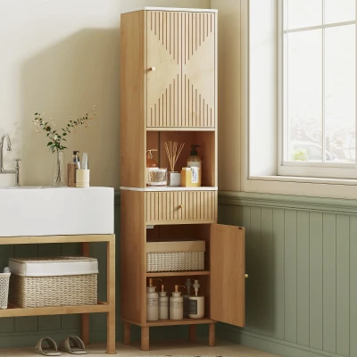 HOMCOM Badezimmerschrank mit Schublade, 2 Schränken und verstellbaren Regalen, Marmoreffekt-Regal, 41,5x30x168 cm, Eiche