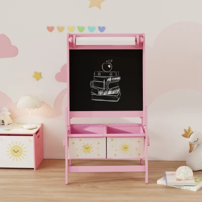 AIYAPLAY Cavalete de Pintura para Crianças 3 em 1 para Crianças acima de 3 Anos com Rolo de Papel e Cestos de Arrumação 54x46x94 cm Rosa