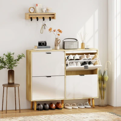 HOMCOM Sapateira Estreita com 4 Portas em Branco Brilho Prateleiras Ajustáveis Pernas de Madeira para 20 Pares de Sapatos 105x24x92,5 cm