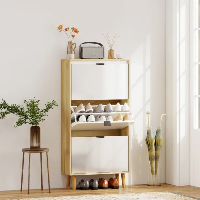 HOMCOM Sapateira Estreita com 3 Portas em Branco Brilhante Prateleiras Ajustáveis Pernas de Madeira para 18 Pares de Sapatos 60x24x127 cm
