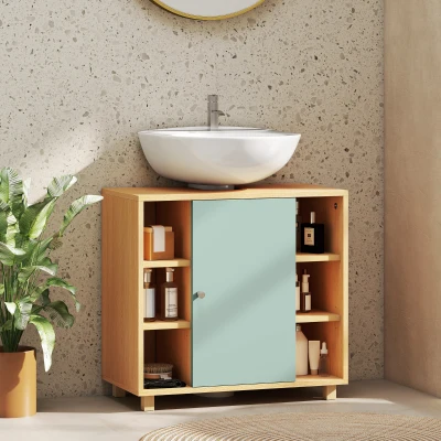 HOMCOM Mueble bajo lavabo, mueble de baño con 6 estantes abiertos y puerta de cierre suave 60 x 33 x 57 cm, verde