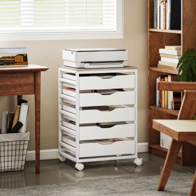 HOMCOM Archivador de oficina móvil, mueble de almacenamiento en ruedas de madera con 5 cajones, asas empotradas, 50 x 40 x 74,5 cm, blanco