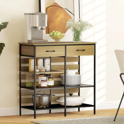 HOMCOM Buffet Küche, Aufbewahrungsmöbel mit 2 Schubladen und 3 offenen Regalen, 90 x 40 x 91 cm, Naturholz und Schwarz