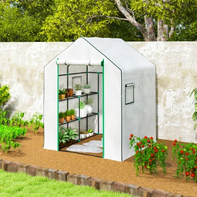 Outsunny Estufa de Jardim Pequena de 3 Níveis com 6 Prateleiras Porta Enrolável e Capa de PE 140x143x190 cm Branco
