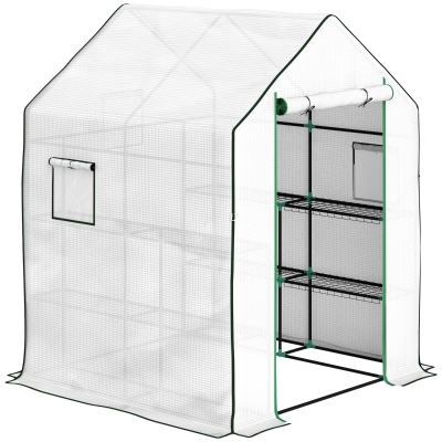 Outsunny Invernadero de Exterior con 6 Estantes Puerta Enrollable Cubierta de PE y Marco de Acero 140x143x190 cm Blanco