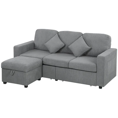 HOMCOM Divano 3 Posti con Pouf Contenitore Velluto a Coste Grigio