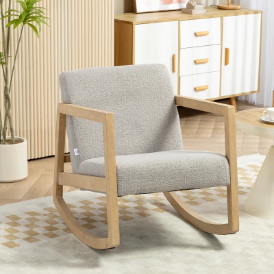 HOMCOM Rocking Chair Tissu Bouclé Pieds Bois Massif