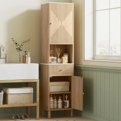 HOMCOM Colonna Bagno 2 Armadietti, Cassetto e Ripiani, Rovere