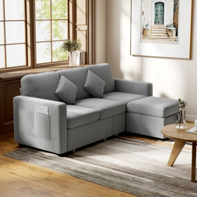 HOMCOM Divano 3 Posti con Pouf Contenitore Velluto a Coste Grigio