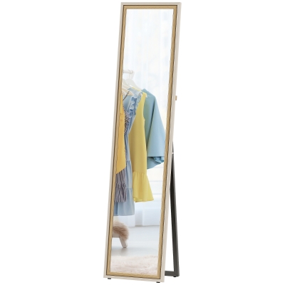 HOMCOM Miroir Pleine Longueur 157x37cm Pied ou Suspendu Blanc/Naturel