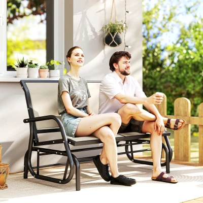 Outsunny 2-Sitzer Schaukelstuhl Gartenbank mit Schaukelmechanismus Gartenschaukel Sitzbank aus Metall Parkbank bis 200 kg belastbar Gartenmöbel für Garten, Terrasse, 120 x 70 x 85 cm Schwarz+Beige