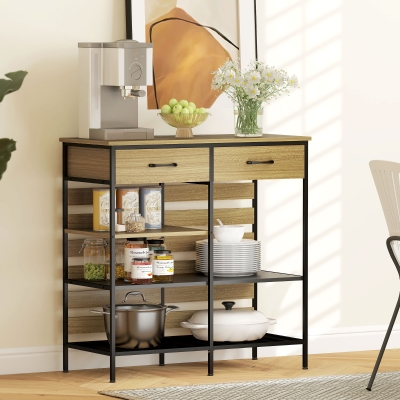 HOMCOM Buffet de Cocina, Mueble de Almacenaje con 2 Cajones y 3 Estantes Abiertos, 90 x 40 x 91 cm, Madera Natural y Negro