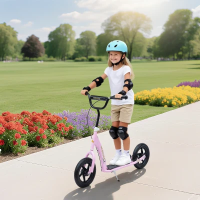 HOMCOM Patinete para Niños de 5-12 Años Scooter de 2 Ruedas Grandes de 12 Pulgadas con Freno y Manillar Ajustable en Altura Carga Máx. 50 kg 120x52x80-88 cm Rosa