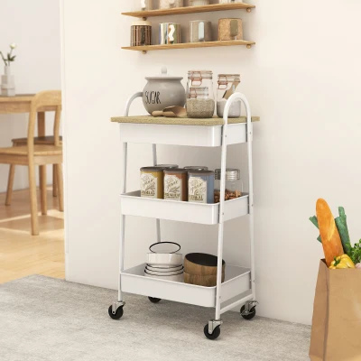 HOMCOM 3-Tier Kitchen Trolley on Wheels White Oak