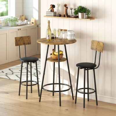 HOMCOM 3-teiliges Bartisch-Set mit 2 gepolsterten Hockern, Kunstleder-Bezug, Rückenlehne, Metallgestell, Braun