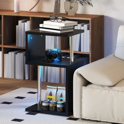 HOMCOM Mesa Auxiliar con Luz LED de 3 Niveles con Estantes y Estructura de Aluminio para Salón Dormitorio 44x38x75 cm Negro