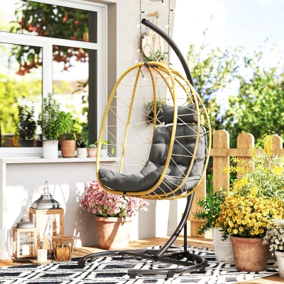 Outsunny Poltrona Sospesa in Acciaio e Rattan Nero Grigio e Beige