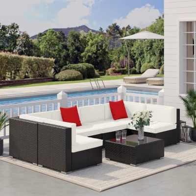 Outsunny Salon Jardin 7Pcs Rotin Brun Table Basse Verre