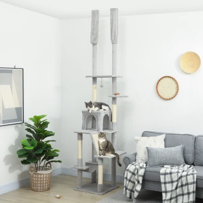 PawHut Árbol Rascador de Techo con Altura Ajustable 225-255 cm con Casita y Hamaca, Gris Claro