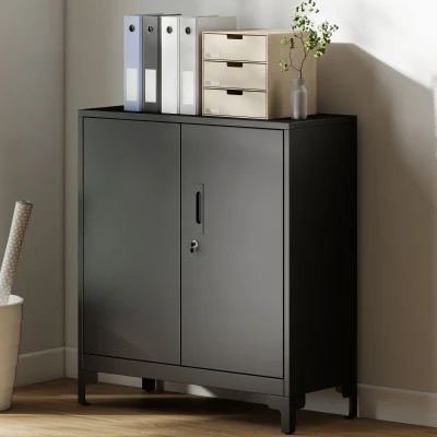 HOMCOM Büroschrank aus Metall, verschließbare Türen, Bürokommode, 2-stufiges Design, Schwarz