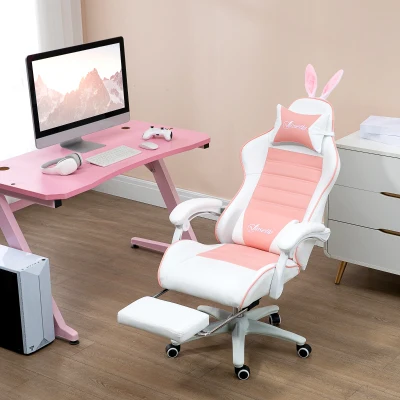 Vinsetto Gaming Chair PU Leather Pink with Footrest & Ears