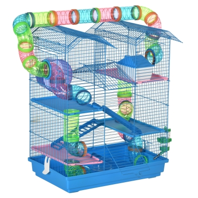 PawHut Jaula para Hámster de Múltiples Niveles con Tubos Plataformas Comedero Bebedero Casita Rueda Escaleras 47x30x59 cm Azul