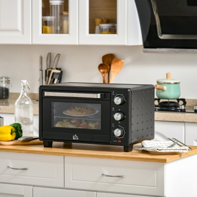HOMCOM mini-oven 21 l met 1 rooster en 1 bakplaat 3 kookstanden instelbare temperatuur oven 1400W metaal RVS gehard glas zwart + zilver 46,4 x 38 x 28,5 cm