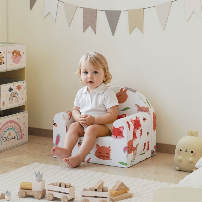 AIYAPLAY Sofá para Crianças com Estampa de Raposas com Capa Removível e Lavável Bolso Lateral Apoio de Braços 54x40x43 cm Branco