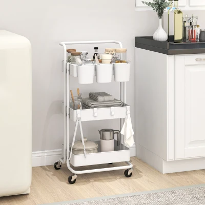 HOMCOM Carrinho de Cozinha Carrinho de Armazenamento com 4 Ganchos 3 Cestas Removíveis 3 Caixas Suspensas 42x38x86,5 cm Branco